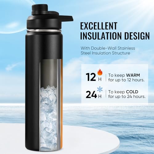 Fijinhom 24 oz Insulated Water Bottle with Handle, 304 Stainless Steel Water Bottles with Wide Mouth, Double Wall Vacuum Sports Water Bottle, BPA Free, Keep Cold and Hot, Black - Image 2