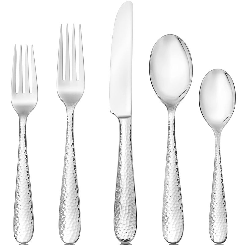 Hudson Essentials Premium 60 Piece Hammered Silverware Set 1810 Stainless Steel Fine Flatware Service for 12  Dishwasher Safe Bergamo Cutlery