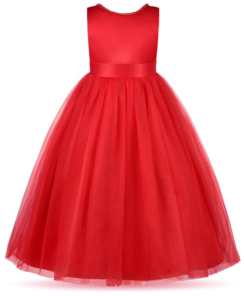Uhnice Flower Girl Pearls Dress V-Back Tulle Ball Gown Satin Prom with Bow-Knot for Wedding Pageant Birthday Party (Red, 140/9-10 Years) - Image 3