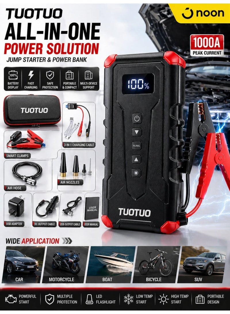 TUOTUO Portable Cordless Car Battery Emergency Starter, Tire Air Pump, Air Compressor To Easily Inflate Tires, LED Display, With Flashlight, Mobile Power Supply, Large Capacity Storage - Image 2