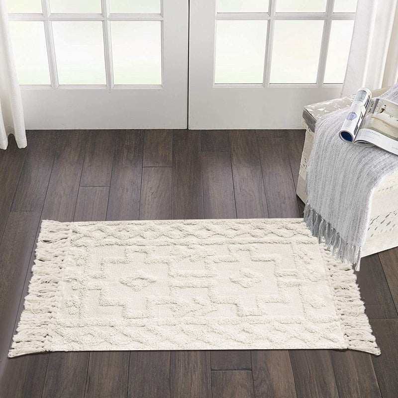 Uphome Boho Bathroom Rug 2' x 3', Washable Small Farmhouse Bedroom Rugs with Tassels, Beige Geometric Bath Mats for Home Decor, Cotton Woven Moroccan Tufted Throw Rug for Entryway Front Door Kitchen - Image 1