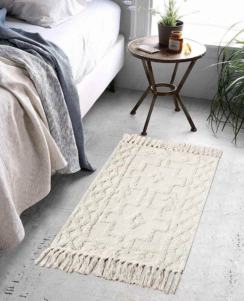 Uphome Boho Bathroom Rug 2' x 3', Washable Small Farmhouse Bedroom Rugs with Tassels, Beige Geometric Bath Mats for Home Decor, Cotton Woven Moroccan Tufted Throw Rug for Entryway Front Door Kitchen - Image 2