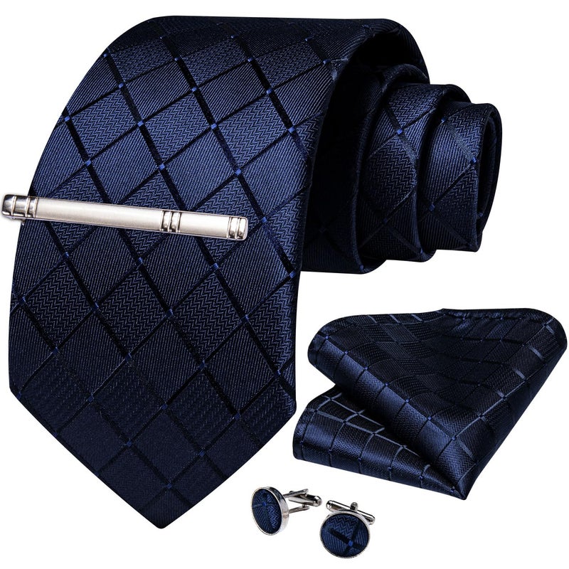 DiBanGu Plaid Ties for Men Silk Checkered Necktie and Pocket Square Cufflinks Tie Clip Set with Gift Box for Wedding Business, Navy Blue - Image 3