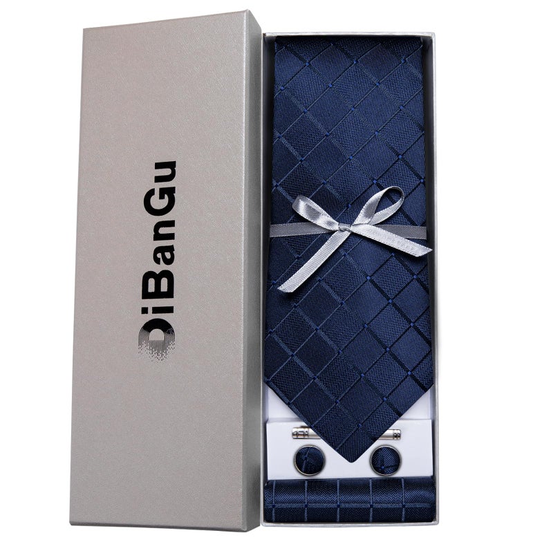 DiBanGu Plaid Ties for Men Silk Checkered Necktie and Pocket Square Cufflinks Tie Clip Set with Gift Box for Wedding Business, Navy Blue - Image 4