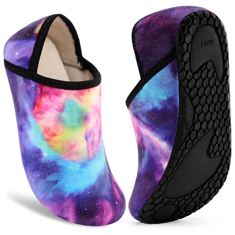 VIFUUR House Slippers for Women Men Slip on Indoor Barefoot Slipper Socks Fuzzy Cozy Sock Shoes for Home Bedroom Travel Colorful Aurora4041 - Image 2