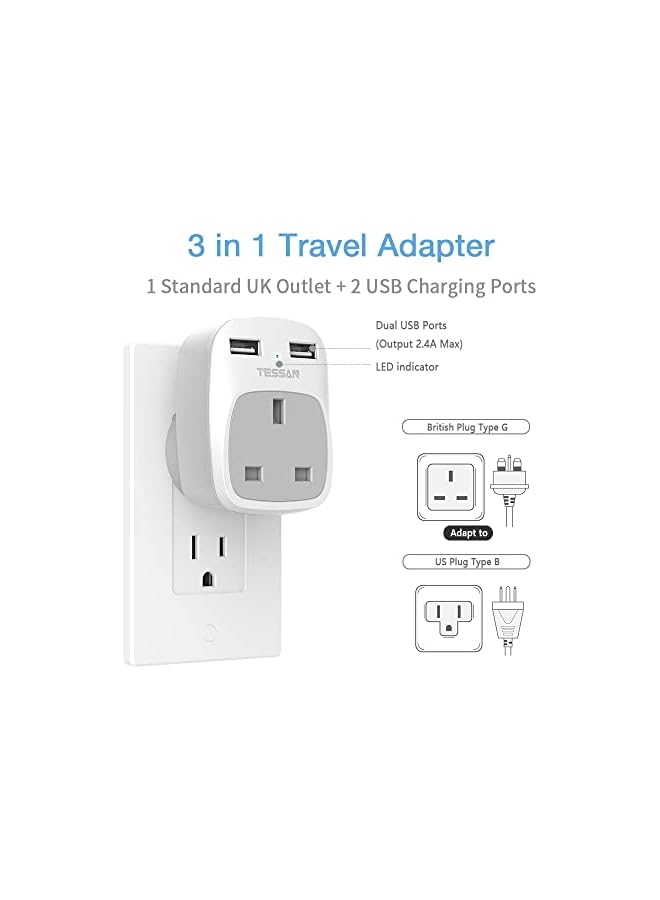 TESSAN UK to USA Plug Adapter with 2 USB, American 3 in 1 US USA Travel Adapter from UK to USA, Canada, Thailand, Mexico (Type B) - Image 3