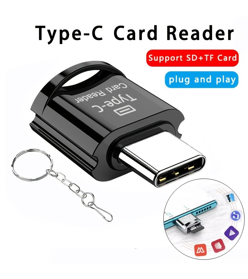 نوع أسود C وقارئ بطاقات Micro SD TF مع سلسلة مفاتيح لذاكرة OTG لماك وويندوز - Image 1