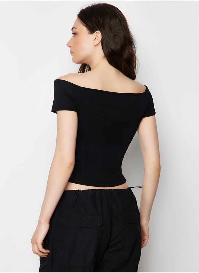 trendyol - Black Striped-Black Plain Carmen Collar Crop Stretchy Knitted Blouse TWOSS24BZ00310 - Image 1