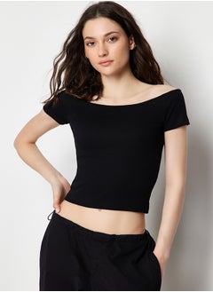 Black Striped-Black Plain Carmen Collar Crop Stretchy Knitted Blouse TWOSS24BZ00310