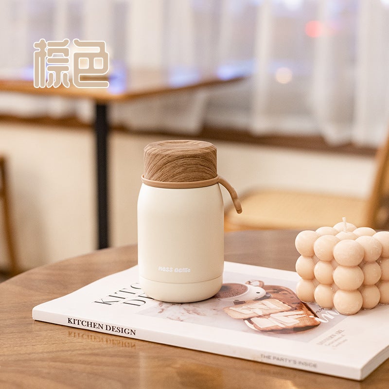 Wood Grain Lid Mini Thermos Cup 304 Stainless Steel Pocket Cup Small Capacity Outdoor Portable Small Water Cup for Female Students Brown