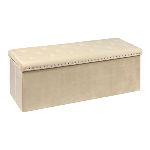 PINPLUS Folding Storage Ottoman Bench Folding Velvet Tuffed Foot Rest Stool with Rivet End of Bed Bench Large Long Toy Shoes Chest for Bedroom Entryway Living Room Beige 413 Inches