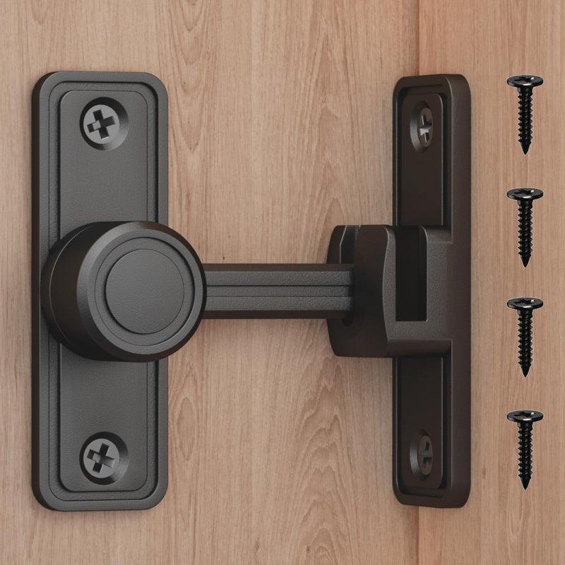 RETRIN Barn Door Privacy Latch, 90Â°/180Â° Swing Slide Lock, Zinc-Alloy, Adhesive or Screw Mount, Interior Use for Bathroom/Bedroom/Closet/Shed, Includes Screws & Glue - Black - Image 1
