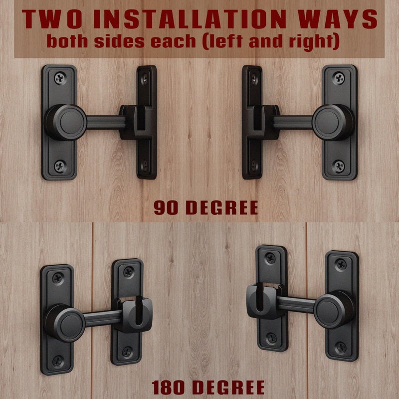 RETRIN Barn Door Privacy Latch, 90Â°/180Â° Swing Slide Lock, Zinc-Alloy, Adhesive or Screw Mount, Interior Use for Bathroom/Bedroom/Closet/Shed, Includes Screws & Glue - Black - Image 3