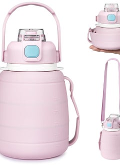 Excefore Collapsible Water Bottles 42 OZ Silicone Foldable Water Bottle with Straw, Cute Sports Leakproof Water Jug with Capacity Marker & Handle Shoulder Strap for Travel Outdoors (Pink)  - Image 1