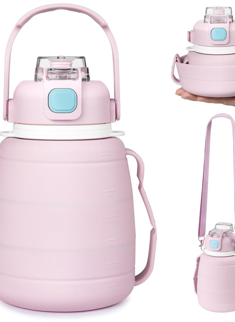 Excefore Collapsible Water Bottles 42 OZ Silicone Foldable Water Bottle with Straw, Cute Sports Leakproof Water Jug with Capacity Marker & Handle Shoulder Strap for Travel Outdoors (Pink)  - Image 1