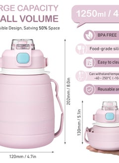 Excefore Collapsible Water Bottles 42 OZ Silicone Foldable Water Bottle with Straw, Cute Sports Leakproof Water Jug with Capacity Marker & Handle Shoulder Strap for Travel Outdoors (Pink)  - Image 4