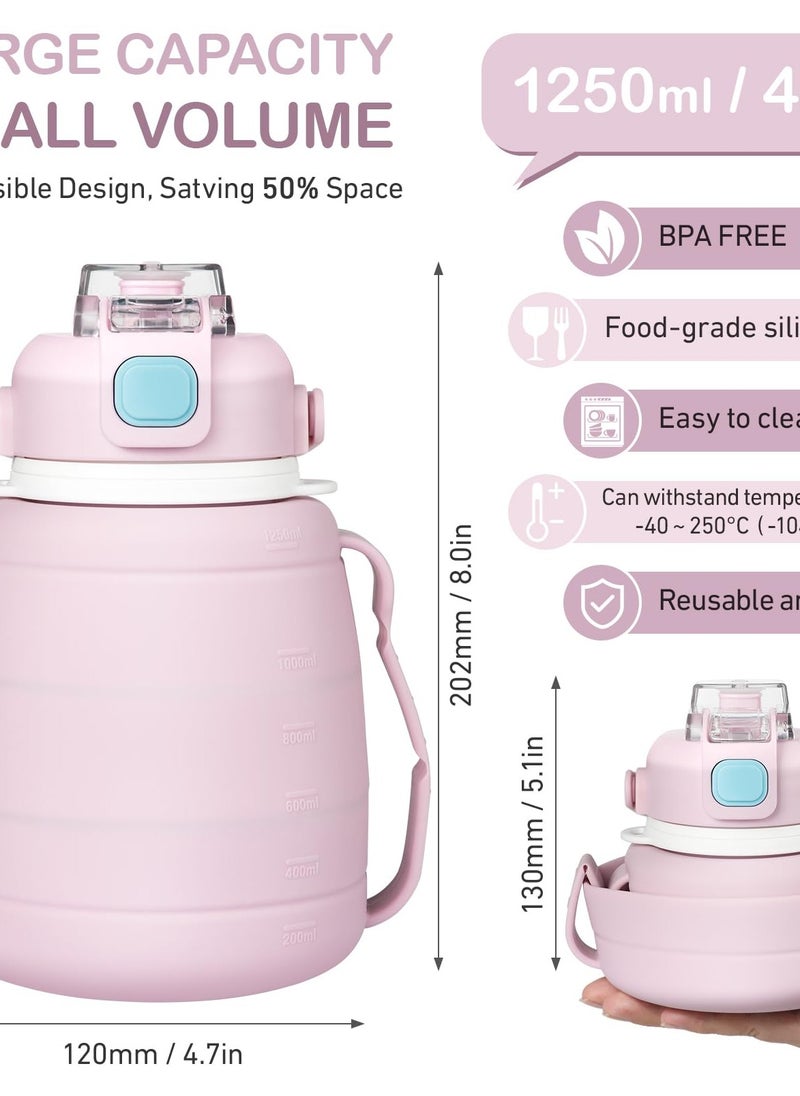 Excefore Collapsible Water Bottles 42 OZ Silicone Foldable Water Bottle with Straw, Cute Sports Leakproof Water Jug with Capacity Marker & Handle Shoulder Strap for Travel Outdoors (Pink)  - Image 4