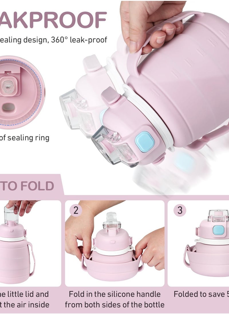 Excefore Collapsible Water Bottles 42 OZ Silicone Foldable Water Bottle with Straw, Cute Sports Leakproof Water Jug with Capacity Marker & Handle Shoulder Strap for Travel Outdoors (Pink)  - Image 3