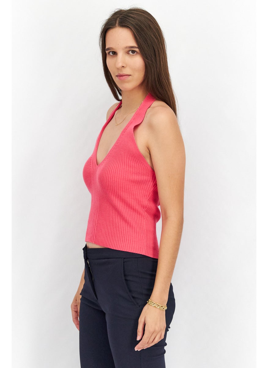 GLAMOROUS Women Halter Neck Strapless Ribbed Crop Top, Dark Pink  - Image 4