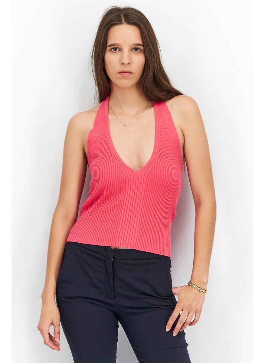 GLAMOROUS Women Halter Neck Strapless Ribbed Crop Top, Dark Pink  - Image 1