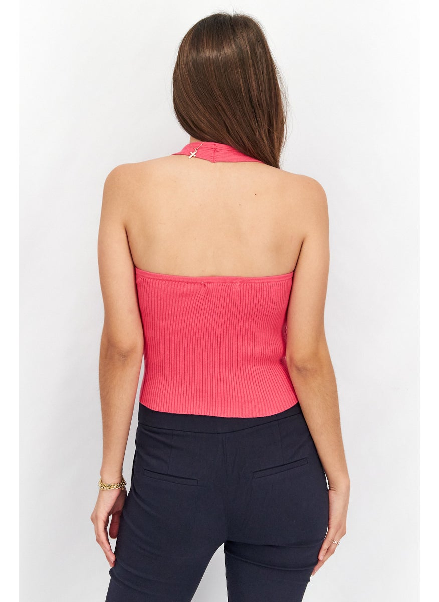 GLAMOROUS Women Halter Neck Strapless Ribbed Crop Top, Dark Pink  - Image 3