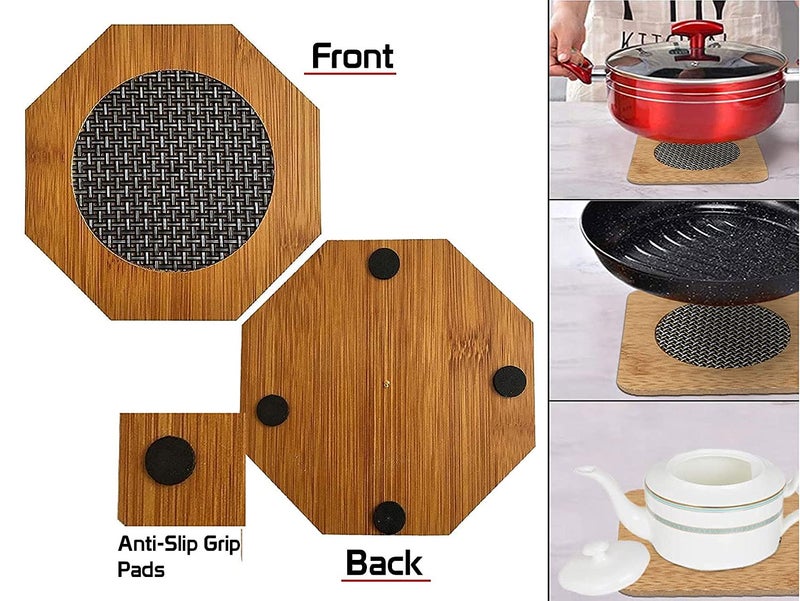 SHRBI 4 Pcs Set of Wooden Utensil Pot Mats Multi Printed Coaster Place Mat Hexagon Shaped Hot Pot Rest Pad for Kitchen CounterTop Dinning Table Serve Pack of 4 - Image 5