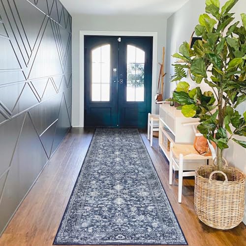 KILOCOCO Runner for Hallway 2.6x10 Runner Rug Printed Vintage Floral Washable Rug Kitchen Runners Soft Non-Slip Low Pile Hallway Runners Laundry Room Distressed Boho Rugs, Blue - Image 1