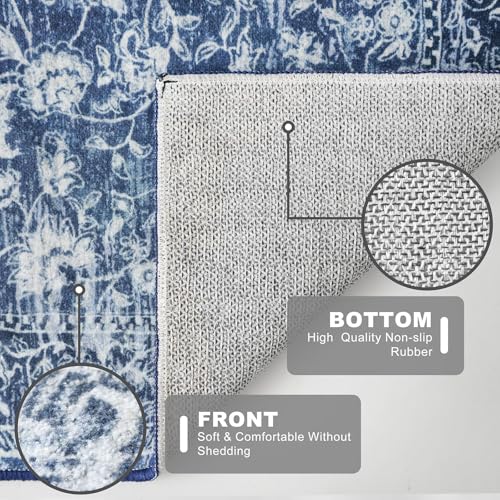 KILOCOCO Runner for Hallway 2.6x10 Runner Rug Printed Vintage Floral Washable Rug Kitchen Runners Soft Non-Slip Low Pile Hallway Runners Laundry Room Distressed Boho Rugs, Blue - Image 4
