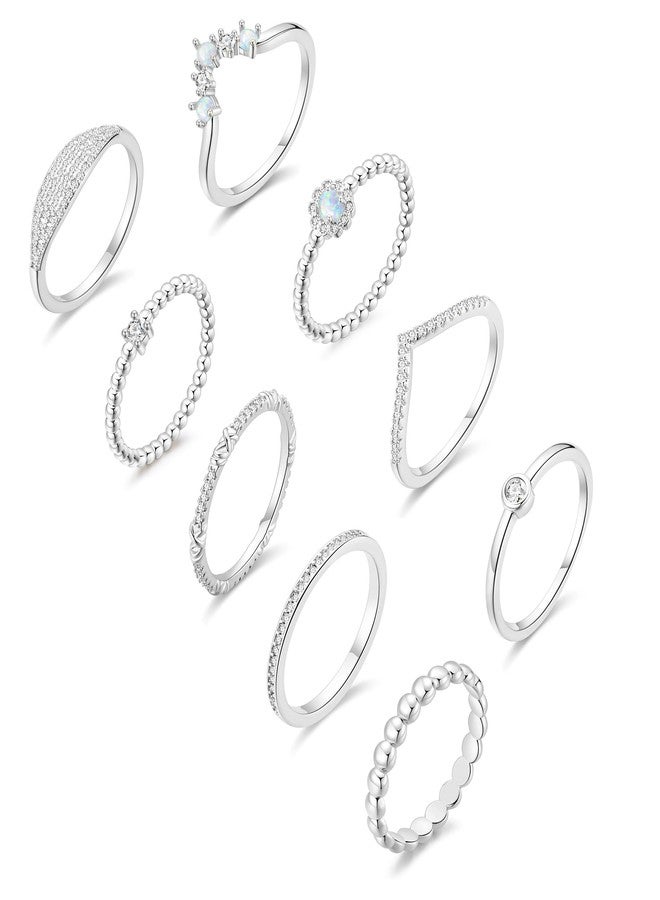 PLOMFOV 14K Silver Plate Stacking Rings Set for Women V Opal Flower CZ Rings Simple Thumb Thin Stackable Rings Silver Statement Rings Plain Band Silver 8 - Image 1