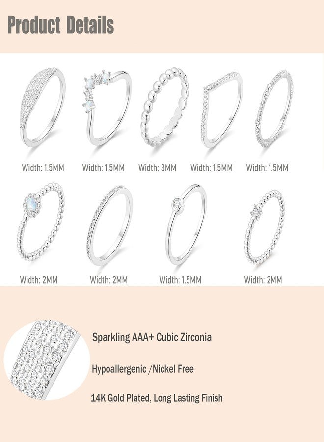 PLOMFOV 14K Silver Plate Stacking Rings Set for Women V Opal Flower CZ Rings Simple Thumb Thin Stackable Rings Silver Statement Rings Plain Band Silver 8 - Image 3