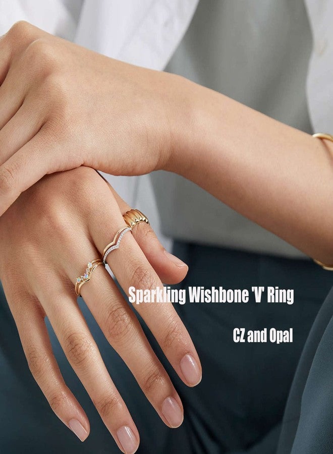 PLOMFOV 14K Silver Plate Stacking Rings Set for Women V Opal Flower CZ Rings Simple Thumb Thin Stackable Rings Silver Statement Rings Plain Band Silver 8 - Image 4