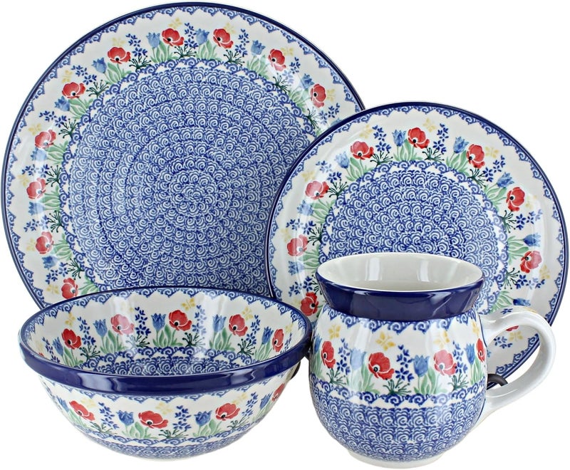 Blue Rose Pottery Blue Rose Polish Pottery Memory Garden 4 Piece Place Setting  Service for 1 