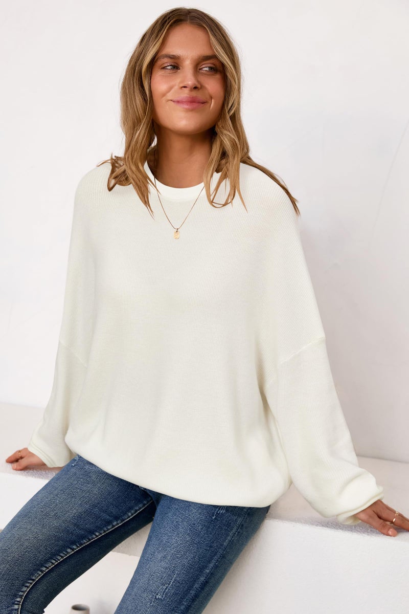 Arach&Cloz Womens Oversized Sweaters Batwing 2026 Early Spring Fashion Outfits Trendy Crewneck Cozy Long Sleeve Casual Teacher Spring Cashmere Capsule Wardrobe Tops Winter Loose Fit White XS - Image 4