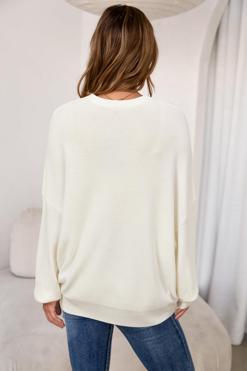 Arach&Cloz Womens Oversized Sweaters Batwing 2026 Early Spring Fashion Outfits Trendy Crewneck Cozy Long Sleeve Casual Teacher Spring Cashmere Capsule Wardrobe Tops Winter Loose Fit White XS - Image 3