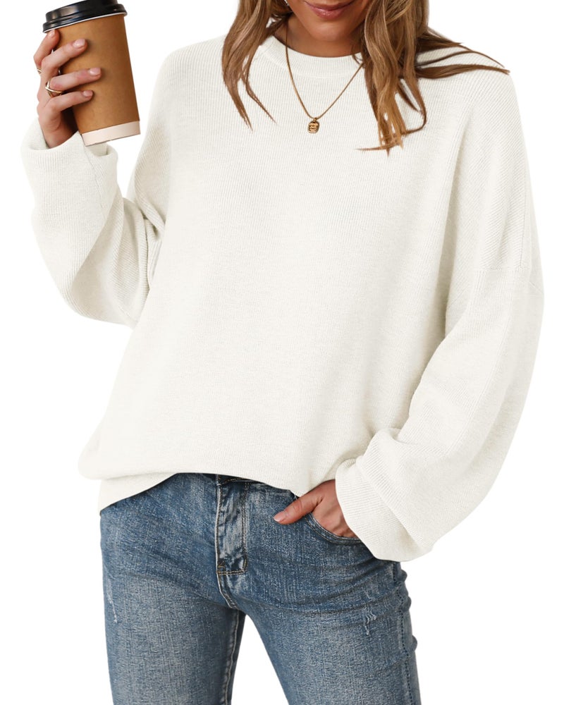 Arach&Cloz Womens Oversized Sweaters Batwing 2026 Early Spring Fashion Outfits Trendy Crewneck Cozy Long Sleeve Casual Teacher Spring Cashmere Capsule Wardrobe Tops Winter Loose Fit White XS - Image 1