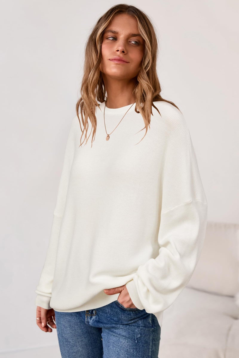 Arach&Cloz Womens Oversized Sweaters Batwing 2026 Early Spring Fashion Outfits Trendy Crewneck Cozy Long Sleeve Casual Teacher Spring Cashmere Capsule Wardrobe Tops Winter Loose Fit White XS - Image 2
