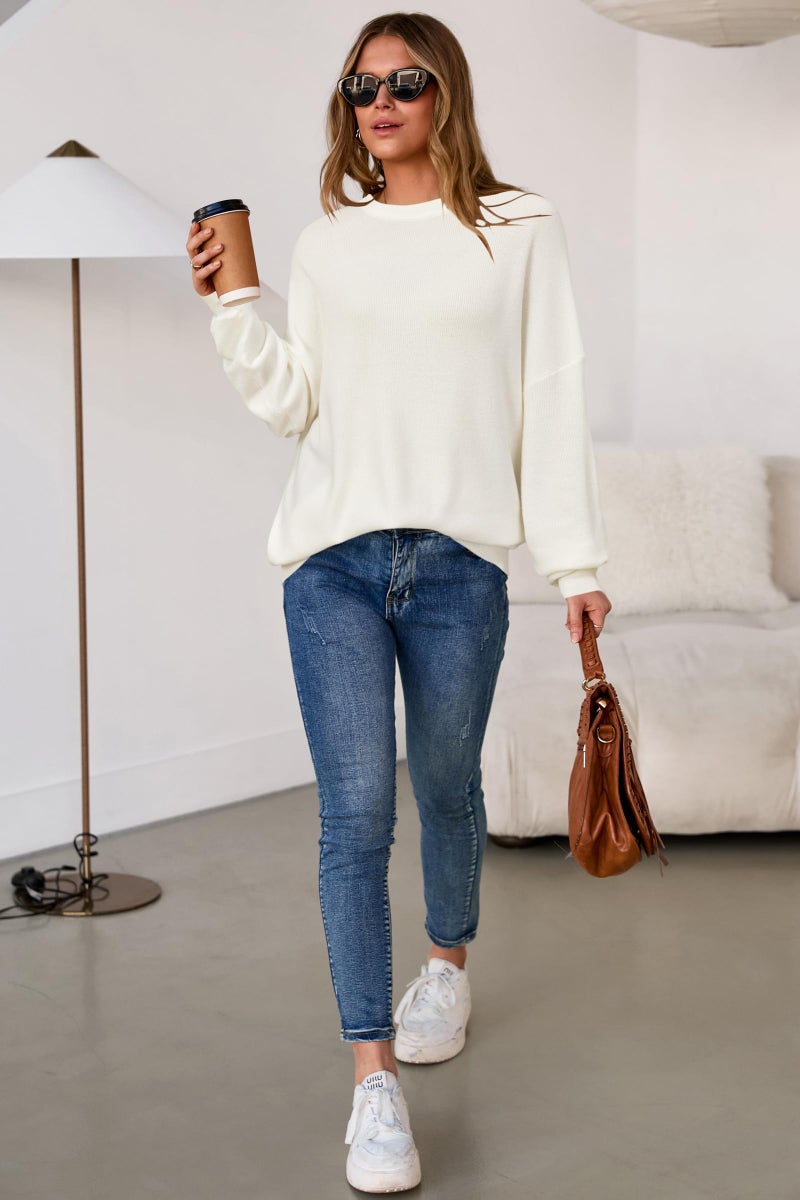 Arach&Cloz Womens Oversized Sweaters Batwing 2026 Early Spring Fashion Outfits Trendy Crewneck Cozy Long Sleeve Casual Teacher Spring Cashmere Capsule Wardrobe Tops Winter Loose Fit White XS - Image 5