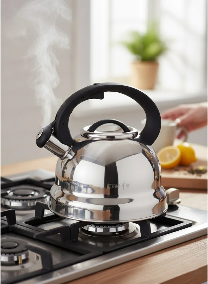 Cuisine Art CLARA 201 Stainless Steel Whistling Tea Kettle 2.5L, Silver, Mirror Polish, Fixed Nylon Handle, Satin Interior, Fast Boiling, Suitable for use on all stove tops