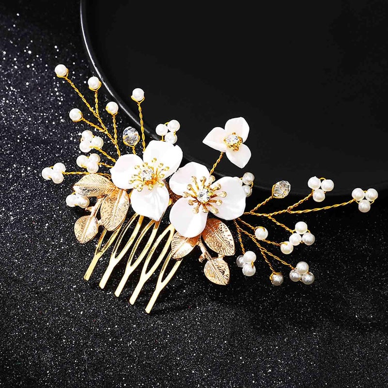 JONKY Flower Bride Wedding Hair Comb Pearl Hair Pieces Gold Leaf Headpieces Bridal Hair Accessories for Women