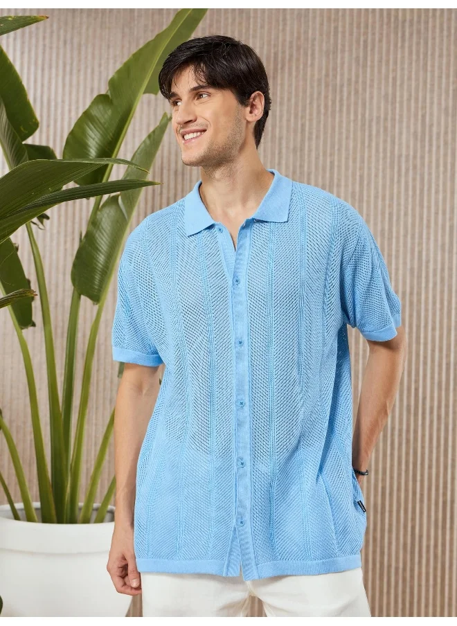 بيونغ Arctic Blue Half-Sleeves Knitted Mens Shirt