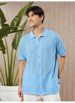 Beyoung Arctic Blue Half-Sleeves Knitted Mens Shirt  - Image 4