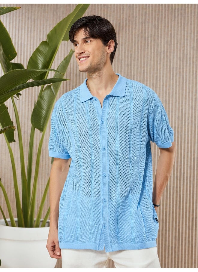 Beyoung Arctic Blue Half-Sleeves Knitted Mens Shirt  - Image 4