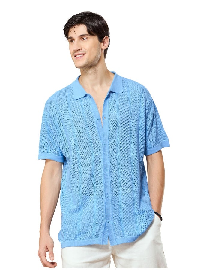 Beyoung Arctic Blue Half-Sleeves Knitted Mens Shirt  - Image 1