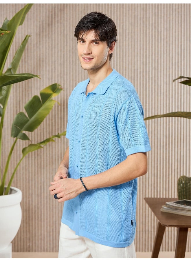 Beyoung Arctic Blue Half-Sleeves Knitted Mens Shirt  - Image 3