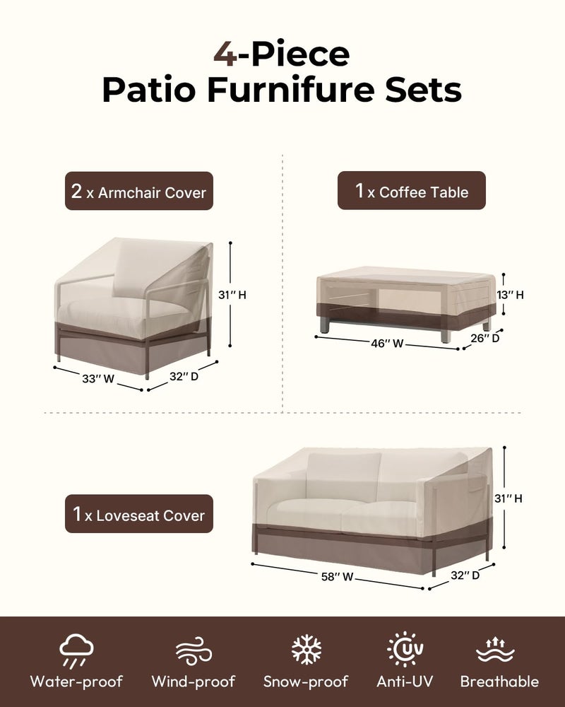 loriano Patio Furniture Cover Set, 4 Piece Outdoor Furniture Cover Waterproof, 600D Heavy Duty Lawn Patio Set Covers - Image 3