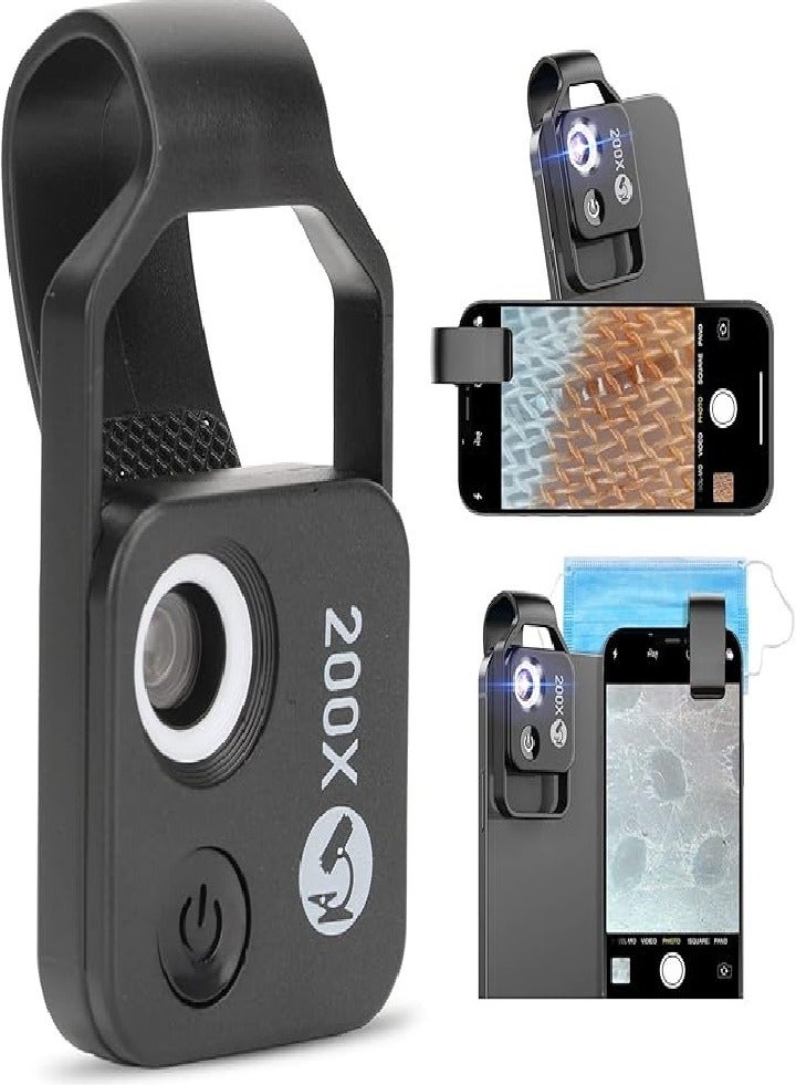 200x Magnification Zoom, High-Tech Clip-On Lens Turns Any Smartphone into a Professional Microscope, Mobile Phone Microscope with CPL Lens/LED Light, Pocket Microscope Camera (Black) - Image 1