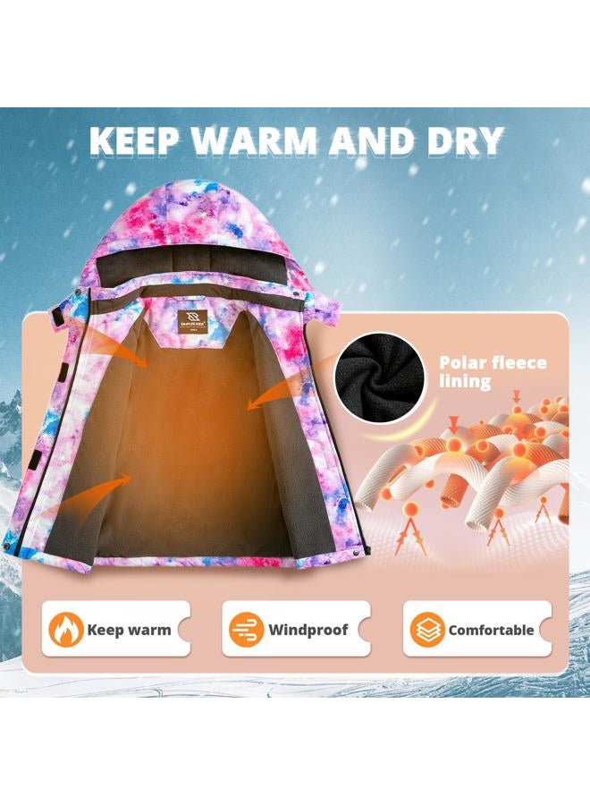 Simplee kids Girls Waterproof Snow Jacket Fleece Winter Windproof Ski Jackets for Toddler Girls Hooded Warm Coat, M-pink Purple Universe, 6-7 years - Image 4