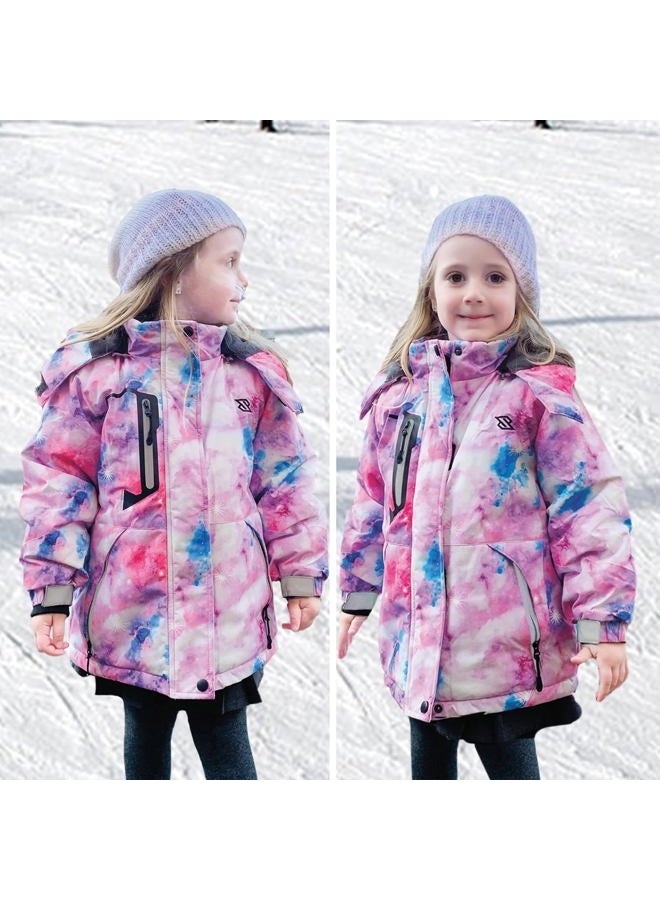 Simplee kids Girls Waterproof Snow Jacket Fleece Winter Windproof Ski Jackets for Toddler Girls Hooded Warm Coat, M-pink Purple Universe, 6-7 years - Image 2