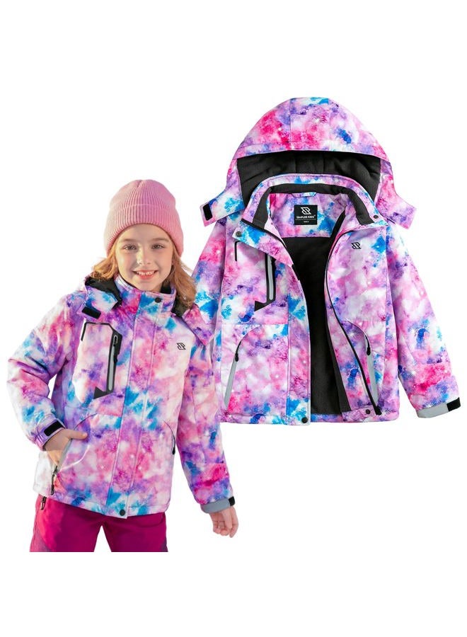 Simplee kids Girls Waterproof Snow Jacket Fleece Winter Windproof Ski Jackets for Toddler Girls Hooded Warm Coat, M-pink Purple Universe, 6-7 years - Image 1