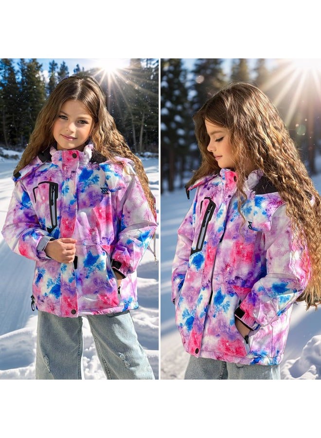 Simplee kids Girls Waterproof Snow Jacket Fleece Winter Windproof Ski Jackets for Toddler Girls Hooded Warm Coat, M-pink Purple Universe, 6-7 years - Image 3